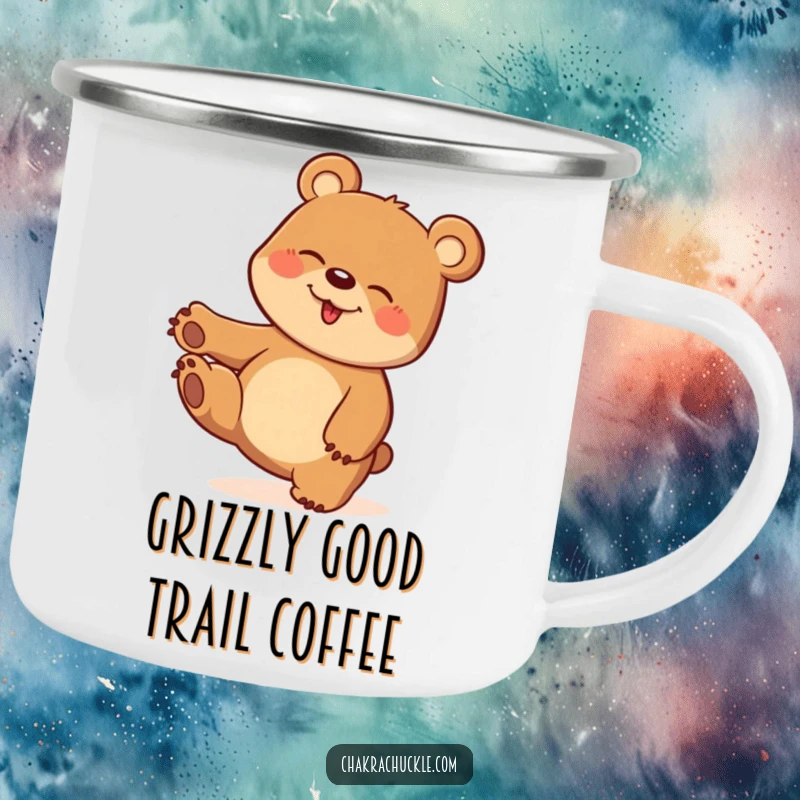 Funny enamel camping mug featuring a bear laughing while balancing on one paw in a playful twist outdoors.