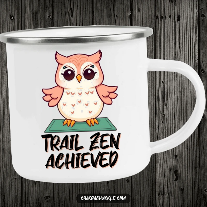 Funny camping mug featuring a giggling owl in meditation, floating above a yoga mat, perfect for outdoor enthusiasts.