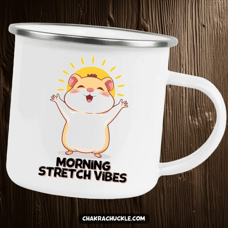 Funny Hamster Camping Mug: A giggly hamster joyfully performs a sun salutation, arms waving with boundless, cheerful energy and a bright smile.