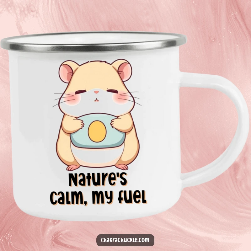 Funny Camping Mug with a determined hamster meditating serenely on a cushion, eyes closed, ready for outdoor humor.
