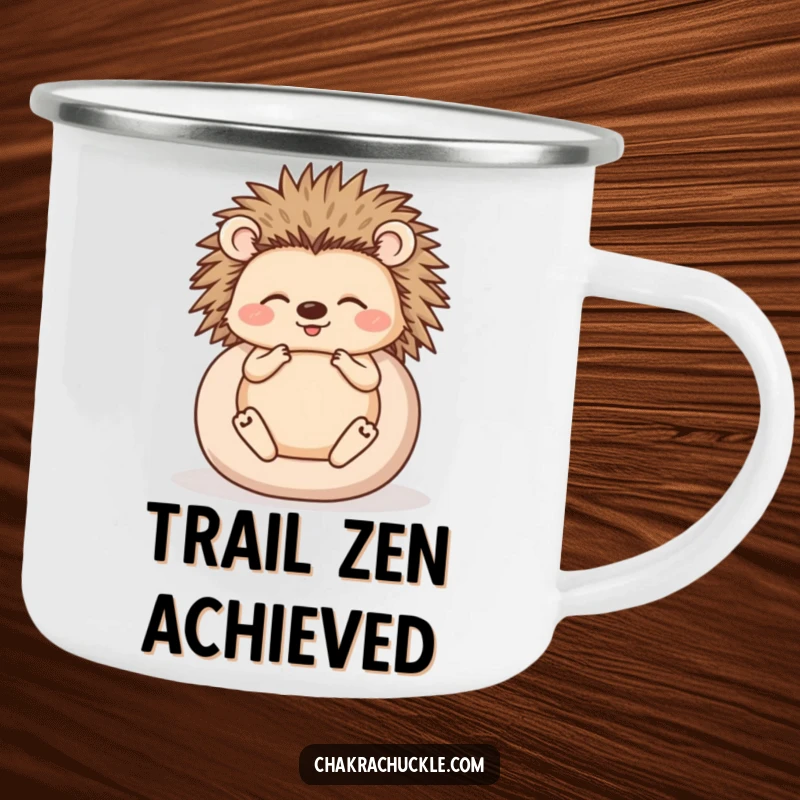 Funny enamel camping mug of a happy hedgehog meditating, rolled into a ball, perfect for humorous outdoor relaxation.