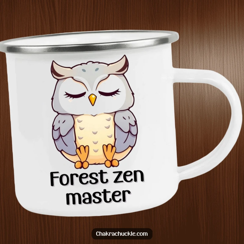 Funny kawaii owl camping mug with a contented owl meditating peacefully with eyes closed, ideal for outdoor zen.