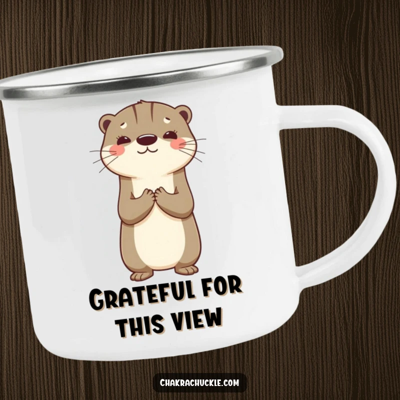 Funny camping mug featuring a grateful otter balancing on its back, ready for campfire stories and warm drinks.