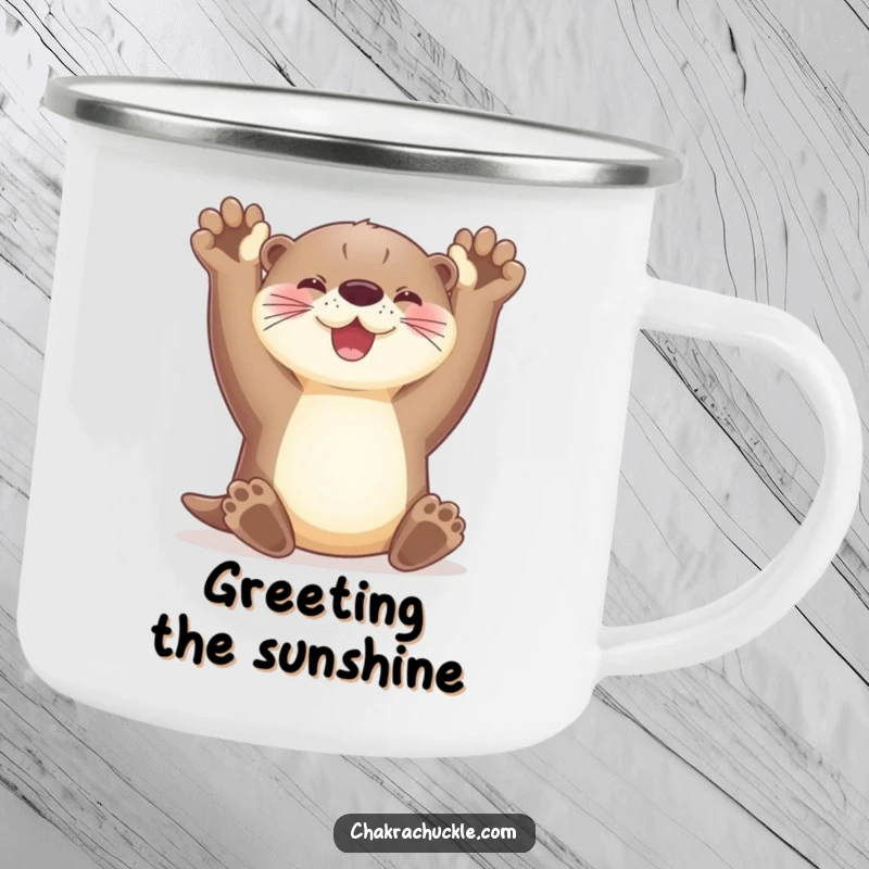 Funny otter camping mug stretching its paws upwards with a radiant smile, for humorous outdoor enjoyment.