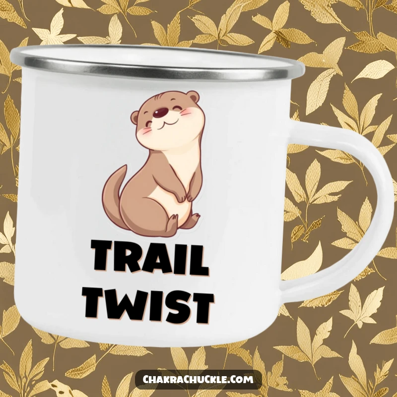 Funny Otter Camping Mug: Cheerful otter character humorously doing a seated twist outdoors.