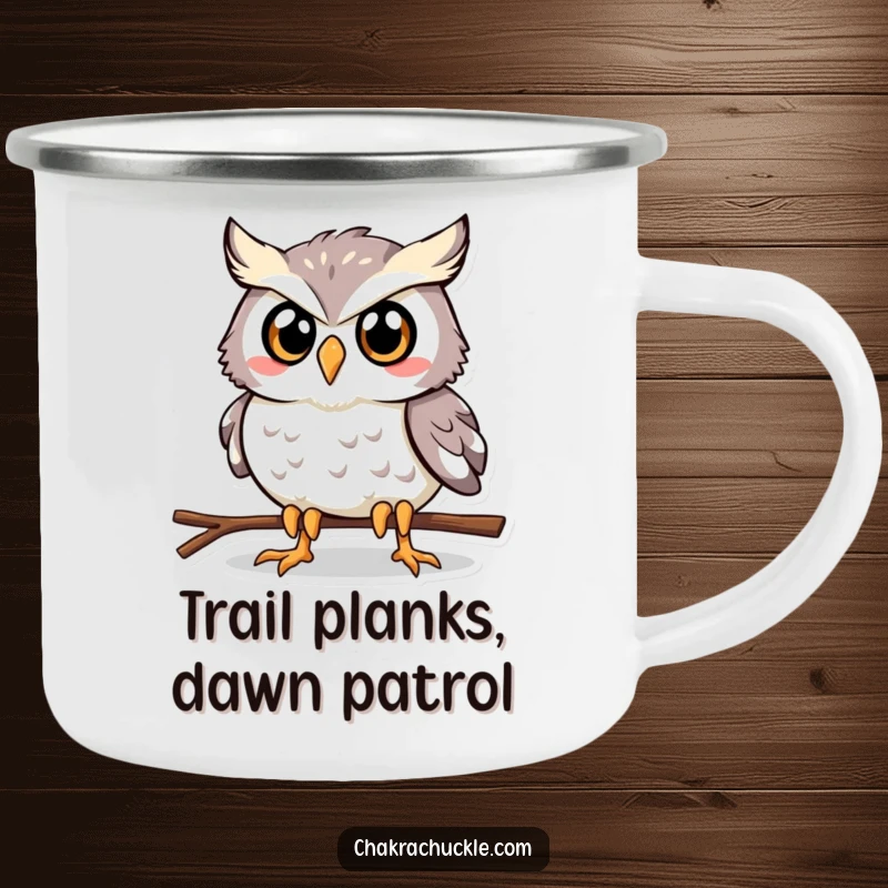 Funny Owl Plank Camping Mug: A determined owl in a plank pose, perfect for humorous hydration during outdoor fitness.