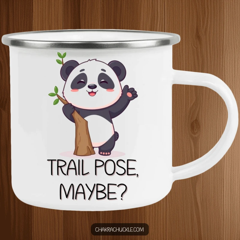 Funny camping mug showing a curious panda humorously trying a tree pose, wobbling with a grin, ideal for outdoor use.