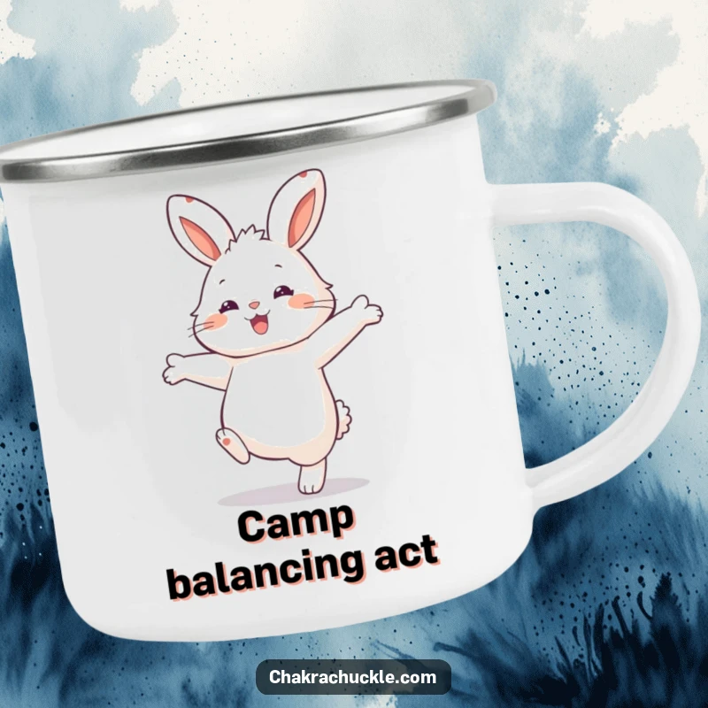 Funny Rabbit Balance Camping Mug: Fluffy rabbit balancing on one paw, a humorous and rugged mug for outdoors.