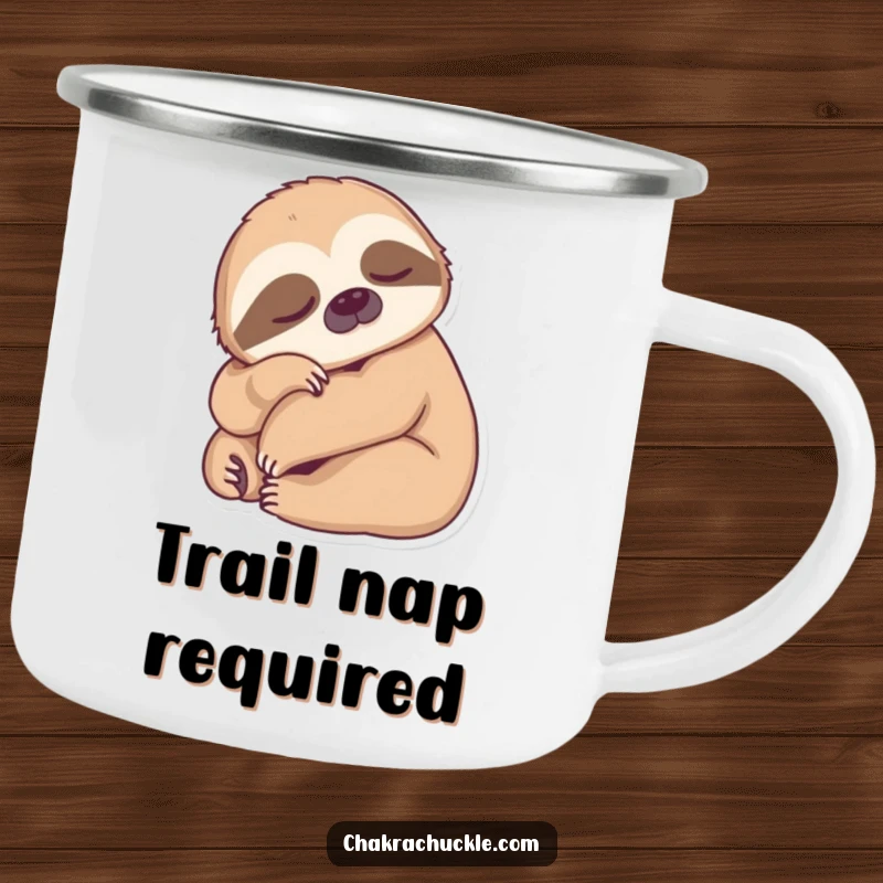 Funny Sloth Camp Mug showing a sleepy sloth in a forward fold, perfect for enjoying relaxing drinks outdoors with humor.