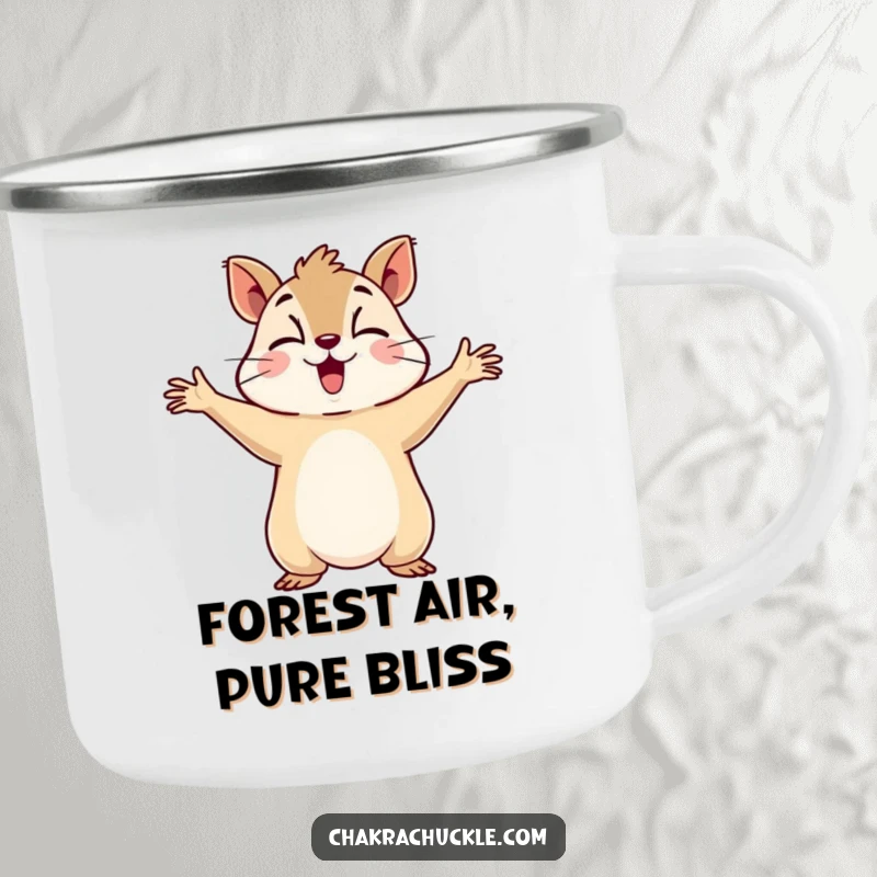 Funny enamel camping mug with a determined squirrel holding arms out, breathing deeply during a humorous outdoor escapade.
