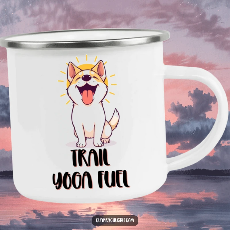 Funny yoga dog camping mug showing a happy, panting dog after a sun salutation, perfect for enjoying beverages by the campfire.