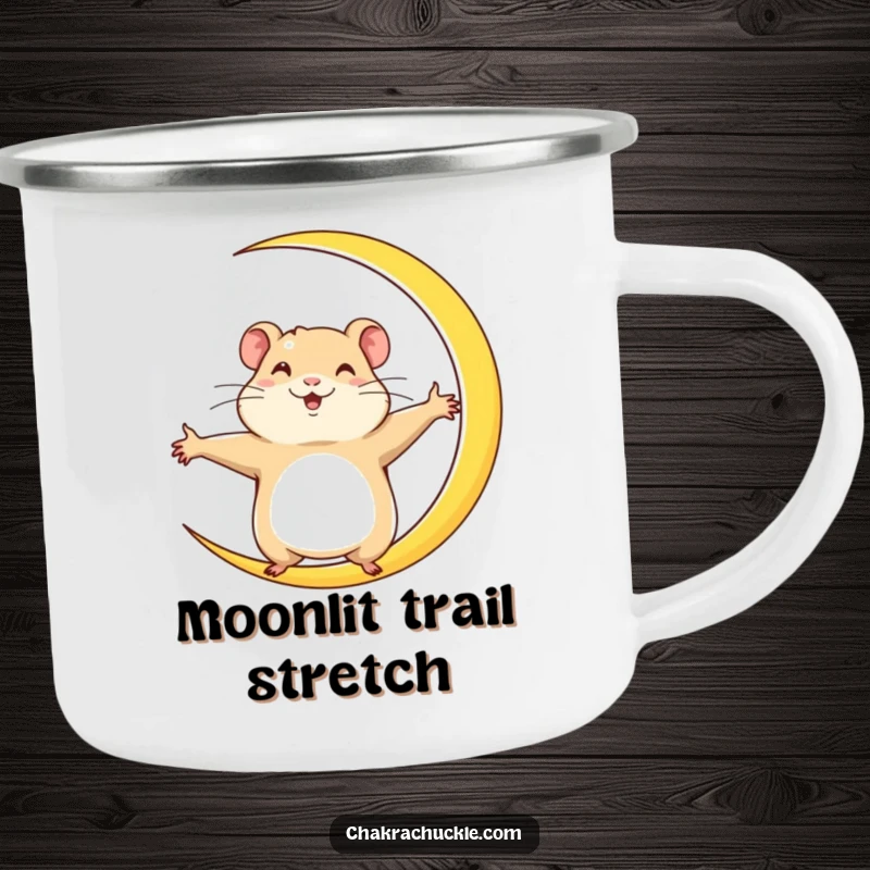 Funny Hamster Camping Mug: A determined hamster stretches wide into a crescent moon yoga pose, showing focus and ambition with joyful energy.