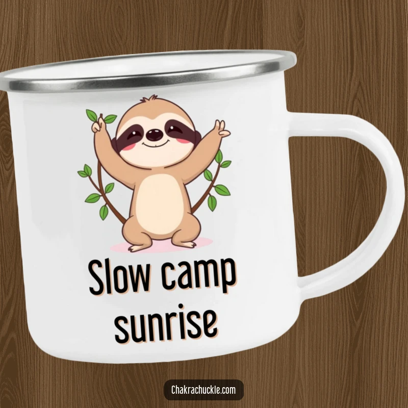 Funny sloth camping mug, character in tree pose, determined concentration, outdoorsy and humorous, giftable.