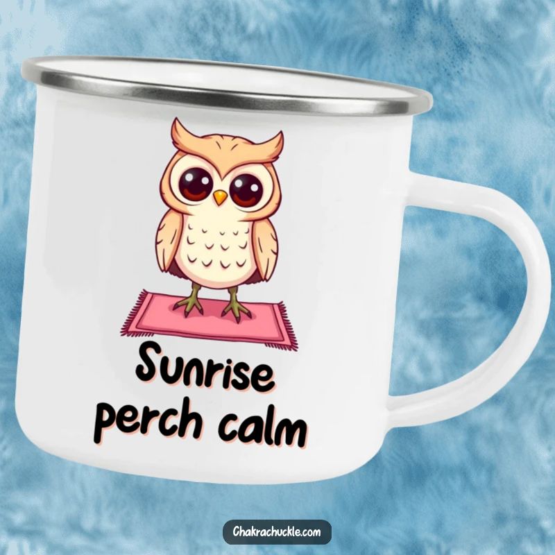 Funny curious owl camping mug character balancing on a tiny yoga mat, eyes wide open, for peaceful outdoor moments.
