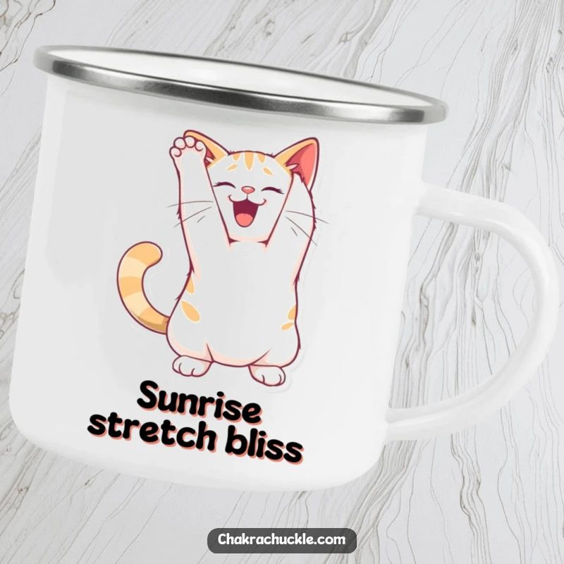 Funny joyful cat camping mug character stretching its back in a playful arch pose, for adventurous feline fun.