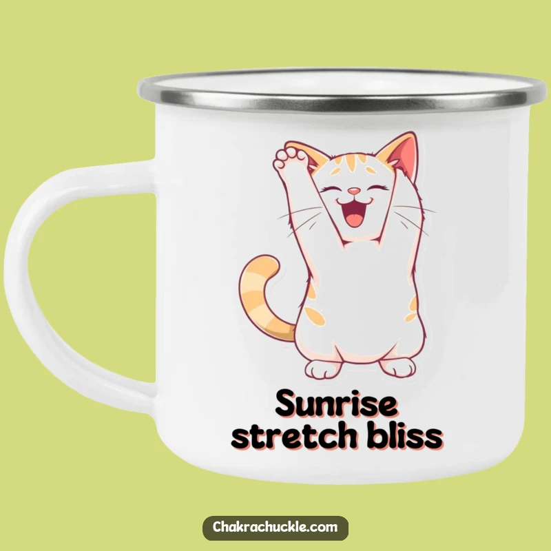 Funny Joyful Cat Stretch Camping Mug: Enjoy Outdoors with Feline Cheer