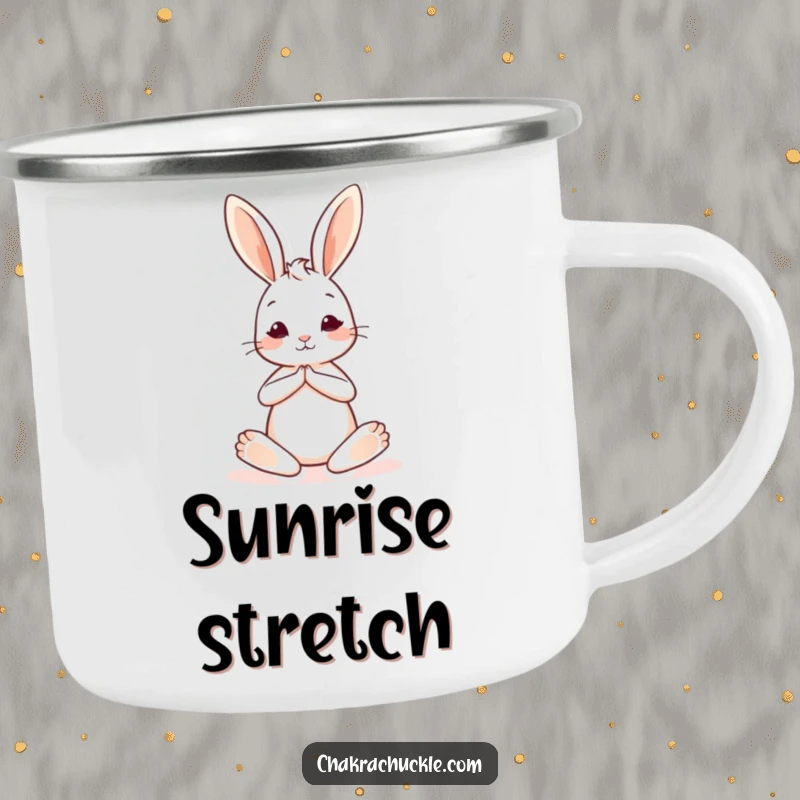 Funny camping mug with a cute yoga bunny in a seated pose, one leg extended, ready for humorous outdoor meditation.