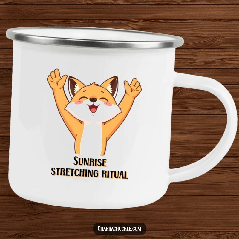 Funny Fox Adventure Camping Mug showing a happy fox stretching its arms, ready for outdoor exploration and morning coffee.