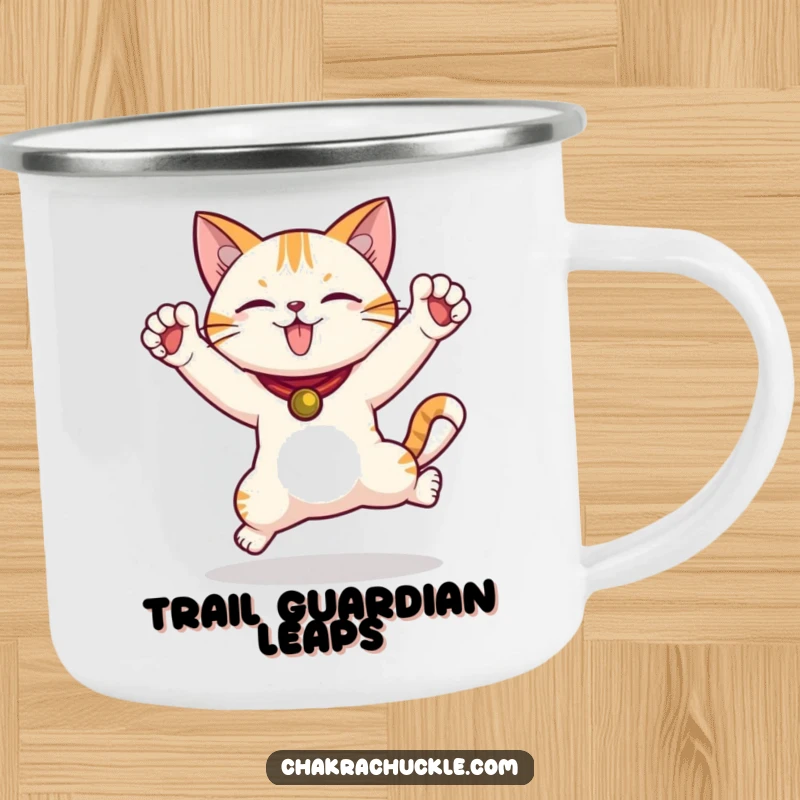 Funny Cat Adventure Mug showing a jumping cat in a warrior pose, ready for outdoor fun with a humorous spirit.
