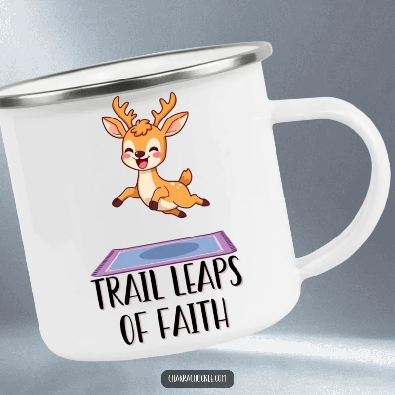 Funny Kawaii Deer Yoga Camping Mug, a cute deer leaping joyfully over a yoga mat, perfect for outdoor use and as a humorous gift.