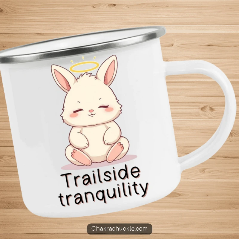 Funny, durable camping mug with a fluffy bunny meditating in a lotus pose, eyes closed, and a halo, for peaceful adventures.