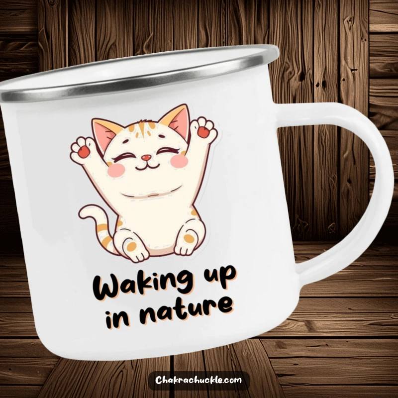 Funny Cat Yoga Camping Mug: A smiling cat stretches its front paws upwards peacefully, perfect for serene outdoor moments.