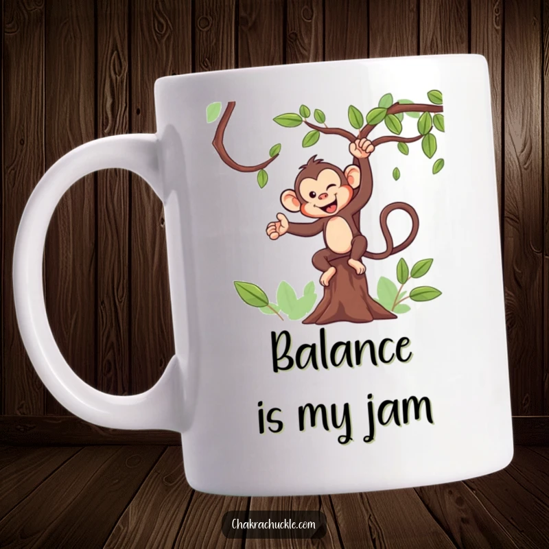 Funny Monkey Yoga Mug: Mischievous character in a tree pose with a wink, ready for a balancing act.