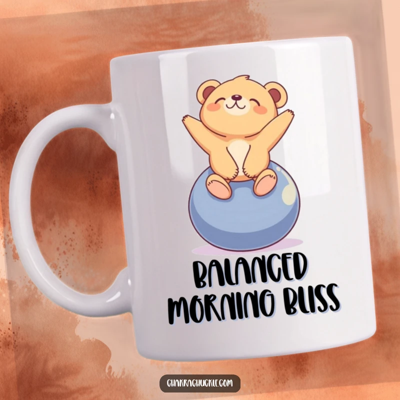 Funny tiny bear cub blissfully balancing on a yoga ball with eyes closed, looking peacefully upwards in serenity.