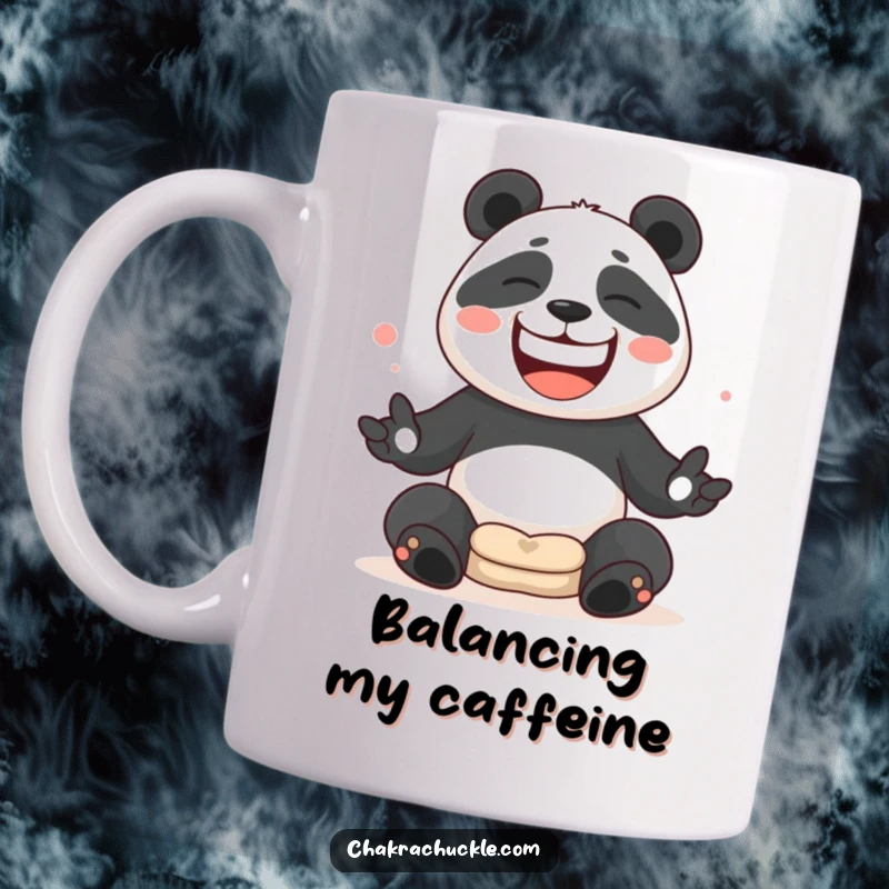 Funny Panda juggling meditation cushions with a wide, silly grin on a coffee mug.