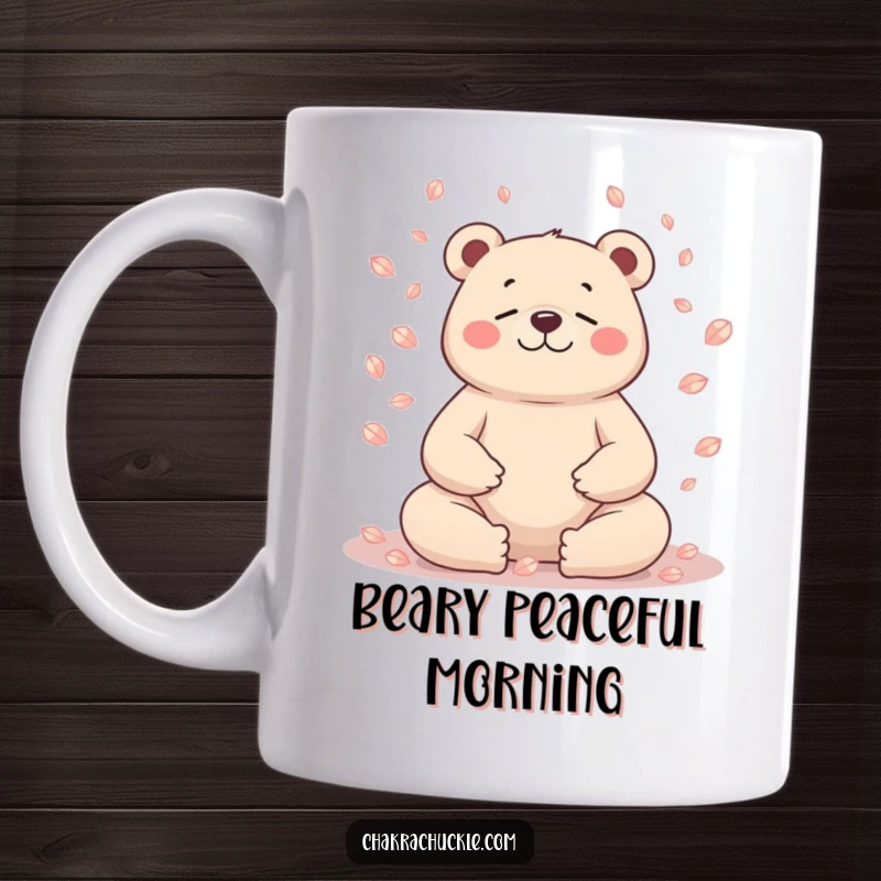 Funny bear mug, character meditating, petals falling, serene yoga humor, perfect gift.