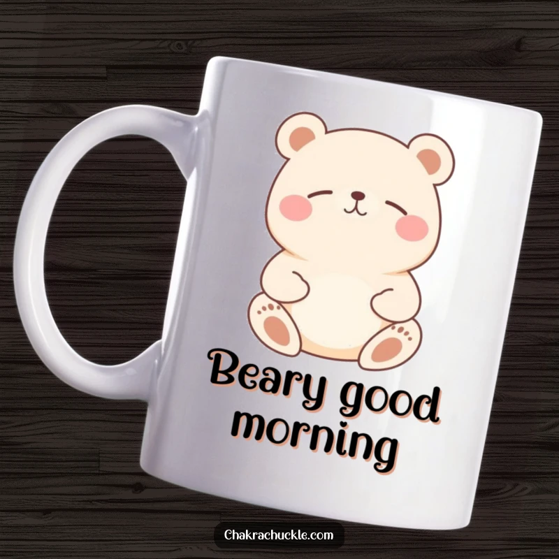 Funny Bear Meditation Mug: Happy round bear meditating peacefully with eyes closed and a smile.