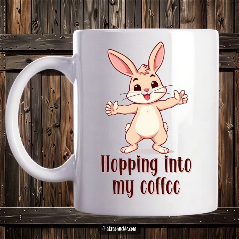 Funny bouncing bunny practicing a playful warrior pose, arms outstretched, on a coffee mug.