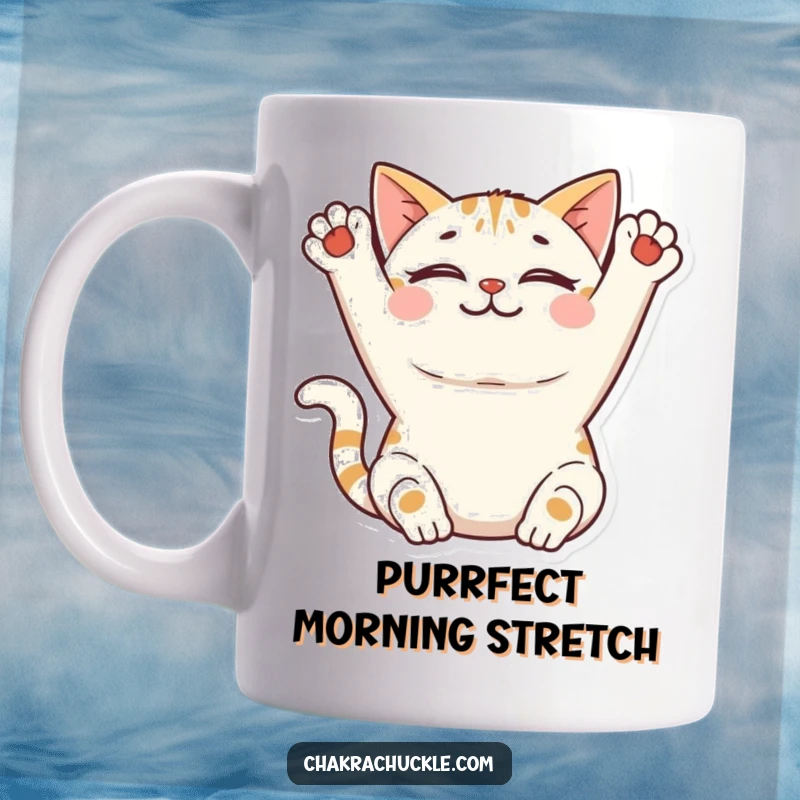 Funny Cat Yoga Mug: A smiling cat stretches its front paws upwards peacefully, embodying ultimate relaxation and comfort.