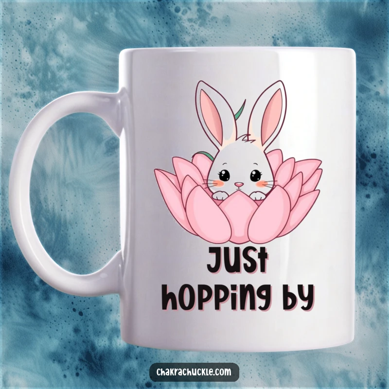 Funny mug with a curious rabbit peeking from behind a lush, blooming lotus flower, showcasing its playful and inquisitive nature.