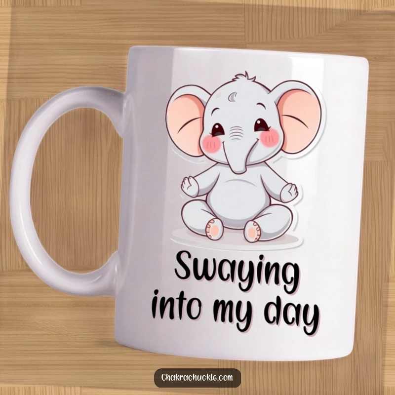 Funny Elephant Yoga Mug: A joyful elephant meditates peacefully, swaying gently with eyes closed in serene bliss.