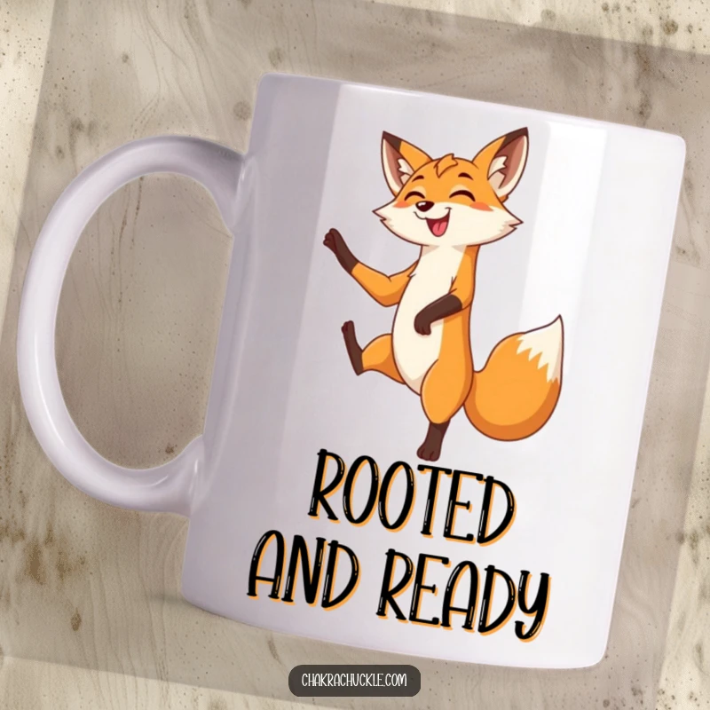Funny Fox Mug: A grinning fox gracefully balances in a tree pose, one leg lifted with playful poise and a sly smile.