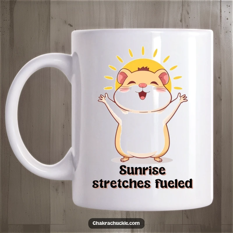 Funny Hamster Mug: A giggly hamster joyfully performs a sun salutation, arms waving with boundless, cheerful energy and a bright smile.