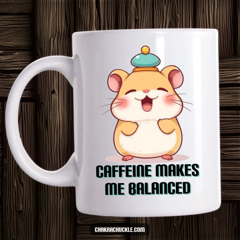 Funny mug featuring a giggling hamster perfectly balancing a tiny meditation cushion on its head, conveying humorous stability.