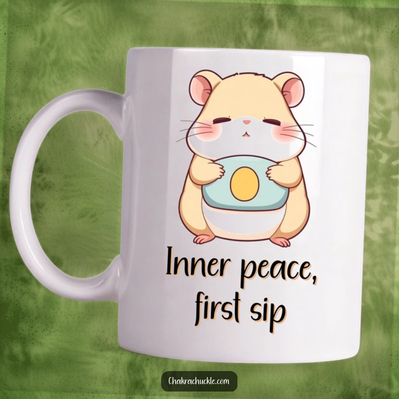 Funny Mug featuring a zen hamster meditating peacefully on a cushion, eyes closed serenely, capturing a moment of quiet determination.