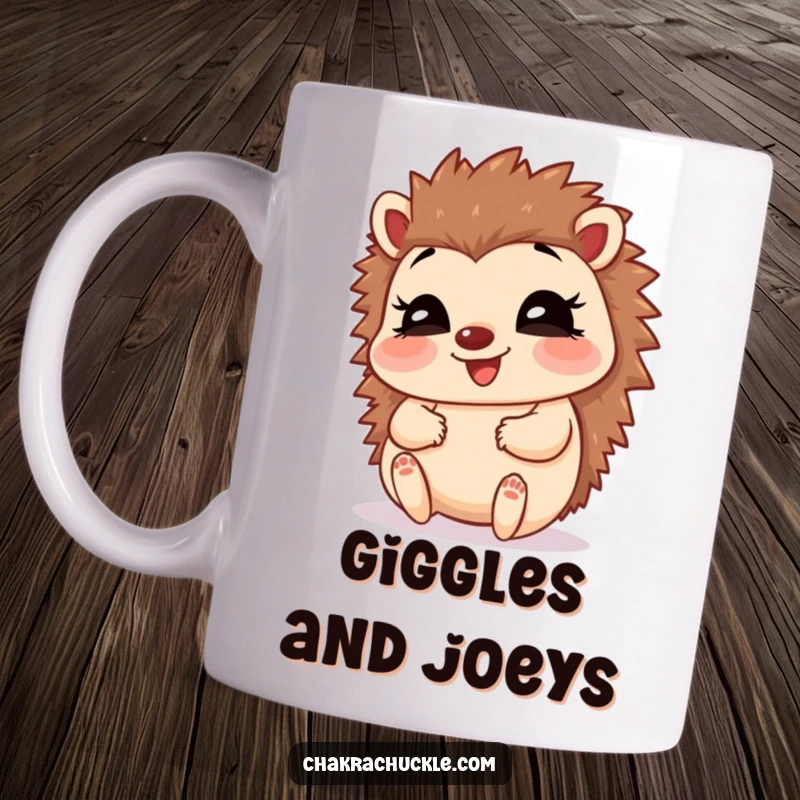 Funny Hedgehog Baby Pose Mug: A giggling hedgehog in a happy baby pose, hugging its feet, radiating humorous delight.