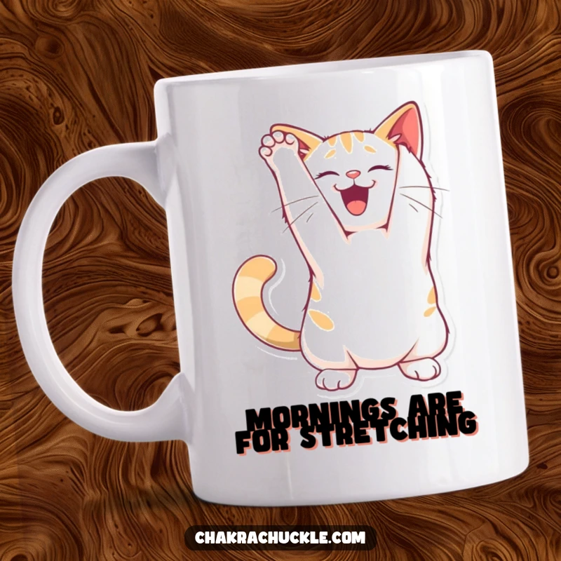 Funny joyful cat mug character stretching its back in a playful arch pose, exuding feline humor and energy.