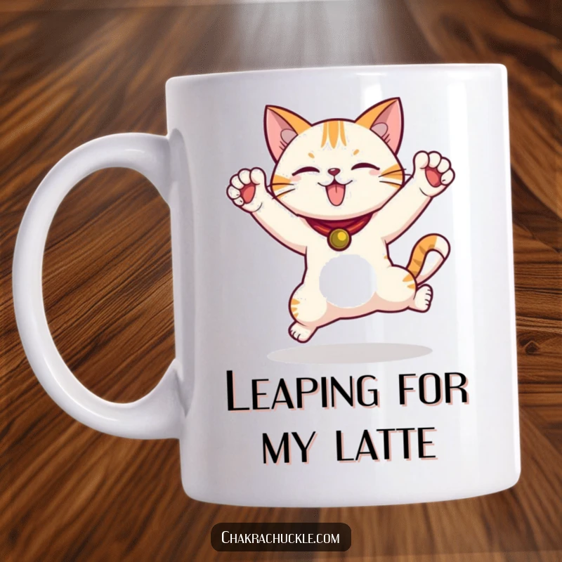 Funny Jumping Cat Yoga Mug showing a gleeful cat in a dynamic warrior pose with paws high in the air, full of energy.