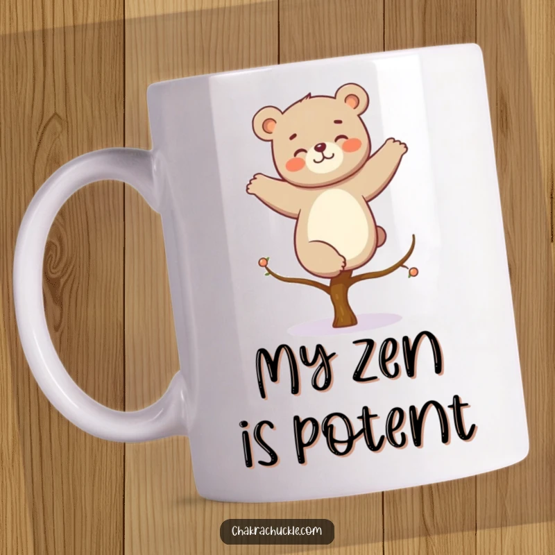 Funny kawaii bear mug, giggling while perfectly balancing on one leg in a tree pose, symbolizing joy and mindfulness.