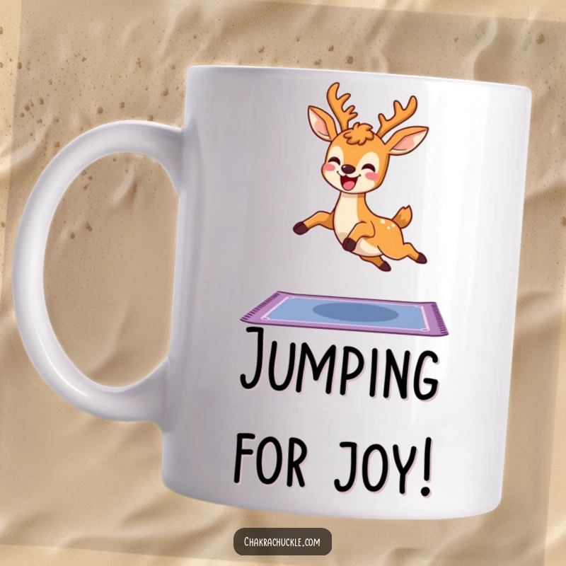 Funny Kawaii Deer Yoga Mug showing a delighted deer leaping joyfully over a yoga mat, perfect for an energetic yoga fan gift.