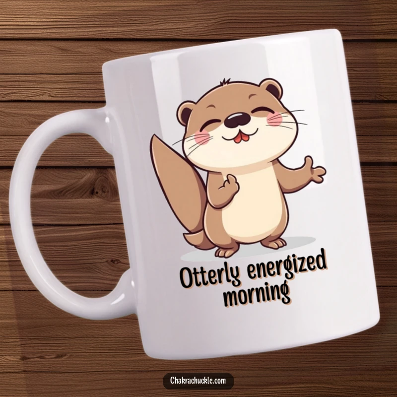 Funny Otter Meditation Mug: Cheerful otter lunging forward, meditating with energetic beaming.
