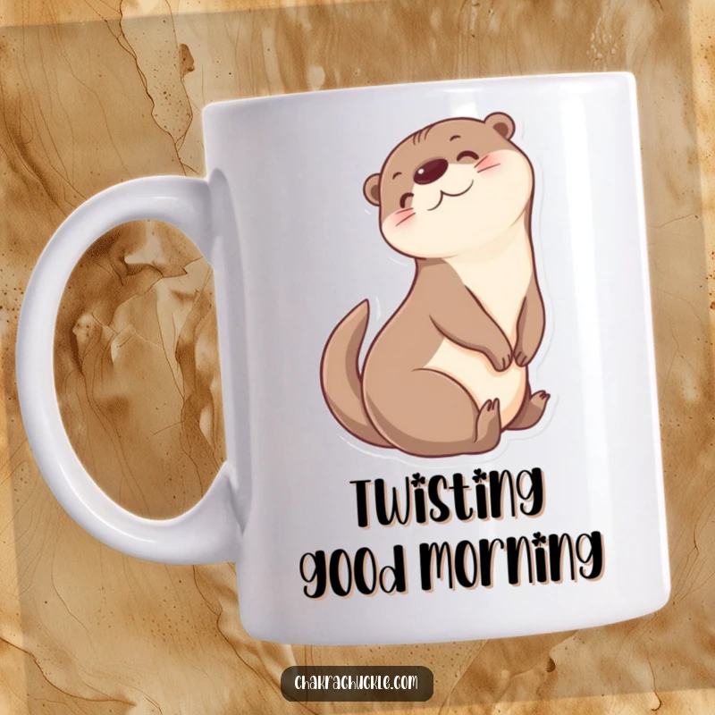 Funny Otter Mug: Cheerful otter character in a seated yoga twist, looking back over its shoulder.
