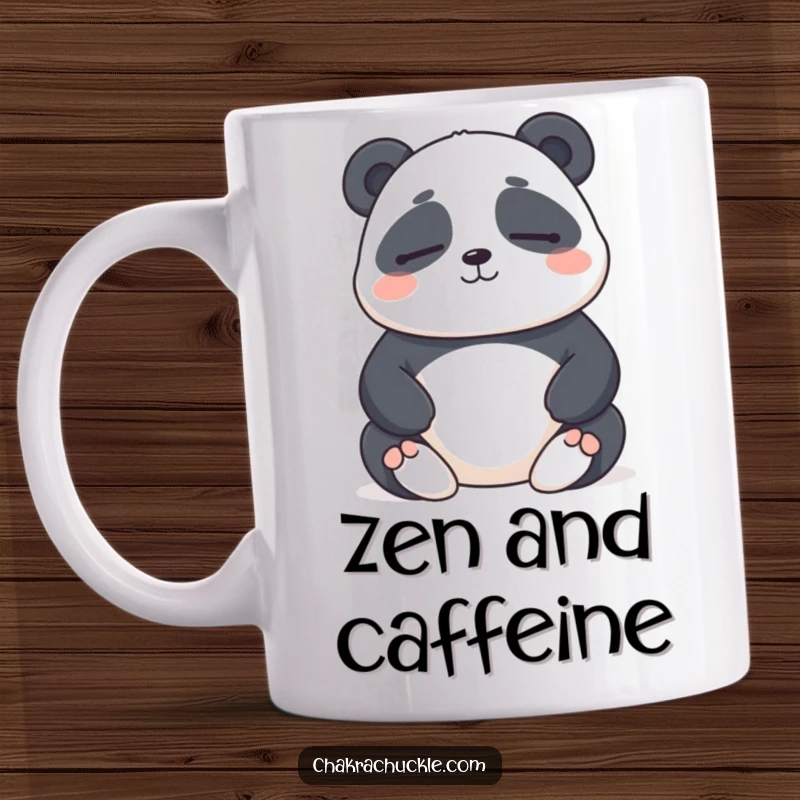 Funny panda meditation mug showing a chubby panda with eyes closed and a gentle smile, radiating inner peace and lightheartedness.