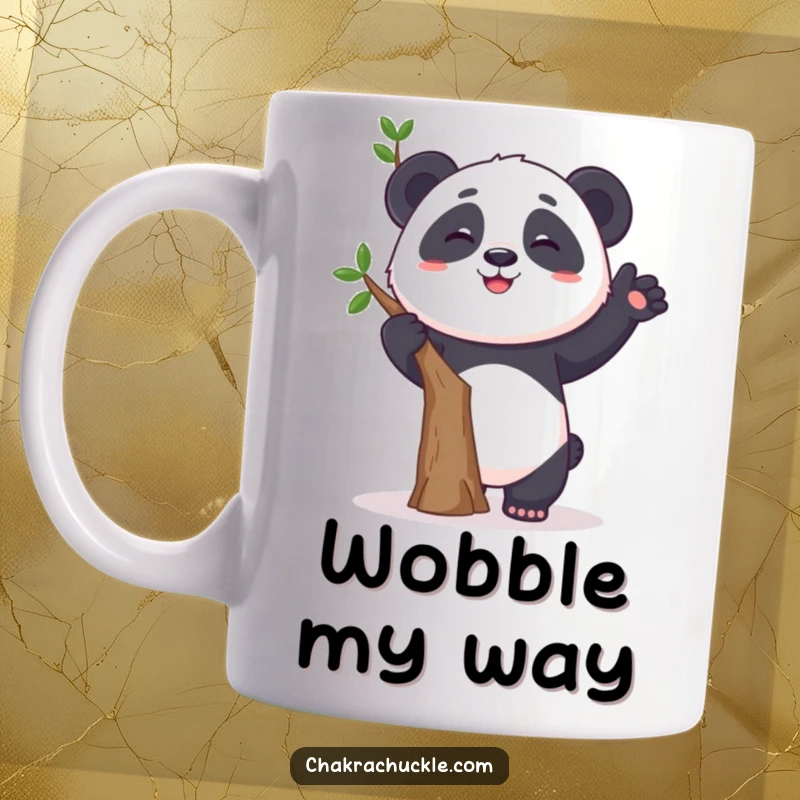 Funny mug showcasing a curious panda hilariously attempting a tree pose, wobbling with a wide grin, capturing playful effort.