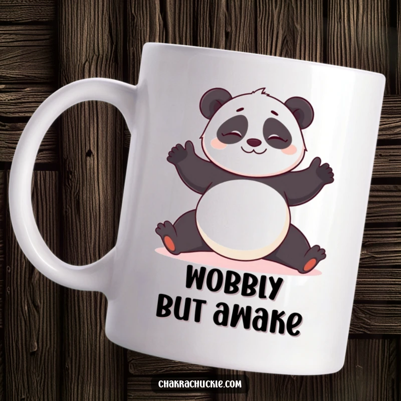 Funny Panda Yoga Mug: Giggling panda attempting a difficult yoga pose with a wobbly grin.
