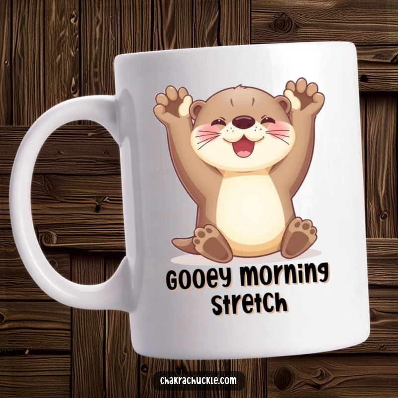 Funny playful otter mug stretching its paws upwards with a radiant smile, embodying pure joy and humor.